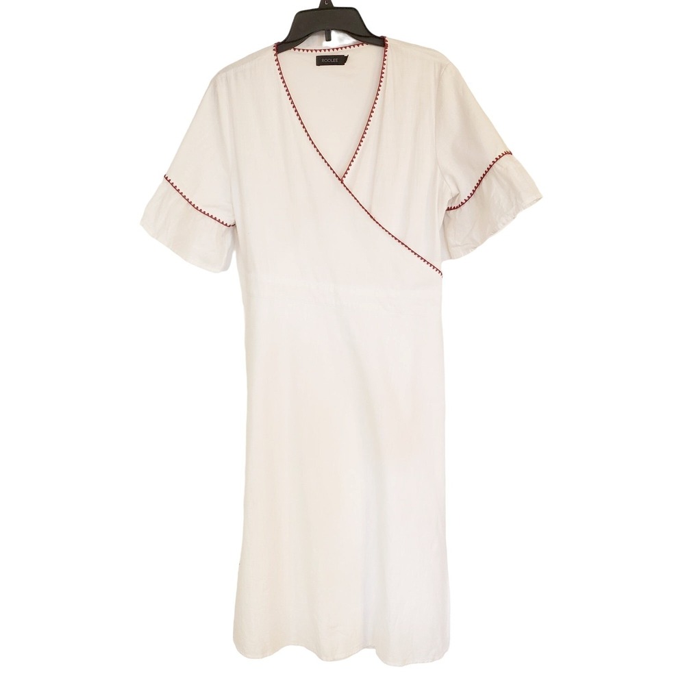 Womans‎ Wrap dress size 2X white red thread trim boho ruffle sleeve white Roolee